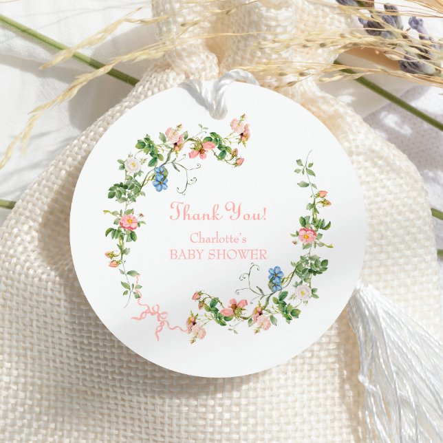 Étiquettes Cadeau Baby shower fleur sauvage à cou rose (Créateur téléchargé)