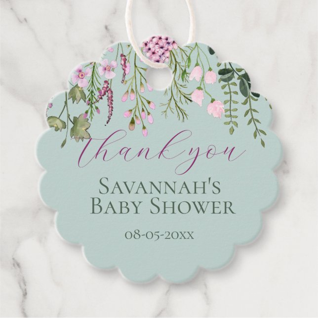 Étiquettes Cadeau Baby shower Fleur sauvage aquarelle Merci floral (Devant)