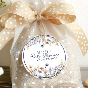 Étiquettes Cadeau Baby Shower Fleur Sauvage Bleue Aquarelle Bohème