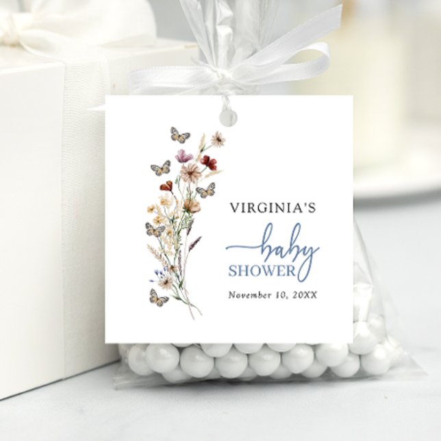 Étiquettes Cadeau Baby shower Fleur sauvage Boho bleu (Dusrty Blue Boho Wildflower Baby Shower Favor Tags with Butterflies by Painted Paperie
)