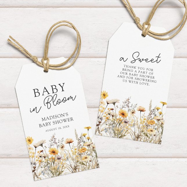 Étiquettes-cadeau Baby shower Fleur sauvage Boho Merci (Créateur téléchargé)