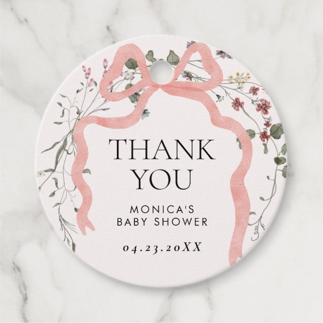 Étiquettes Cadeau Baby shower Fleur sauvage de Bow rose (Devant)