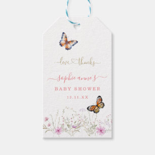 Étiquettes-cadeau Baby shower Fleur sauvage de papillon aquarelle