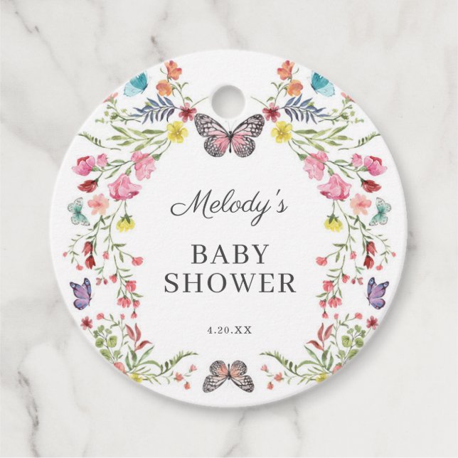 Étiquettes Cadeau Baby shower Fleur sauvage papillon (Devant)