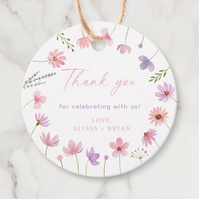Étiquettes Cadeau Baby shower Fleur sauvage rose violet (Devant)