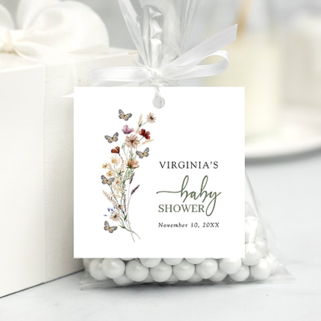 Étiquettes Cadeau Baby shower Fleur sauvage Sage Green Boho (Sage Green Boho Wildflower Baby Shower Favor Tags with Butterflies by Painted Paperie
)