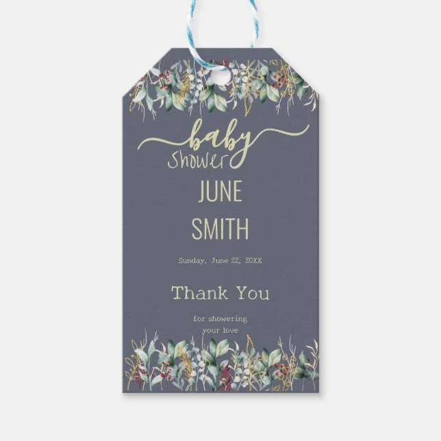 Étiquettes-cadeau baby shower fleuri eucalyptus (Devant)