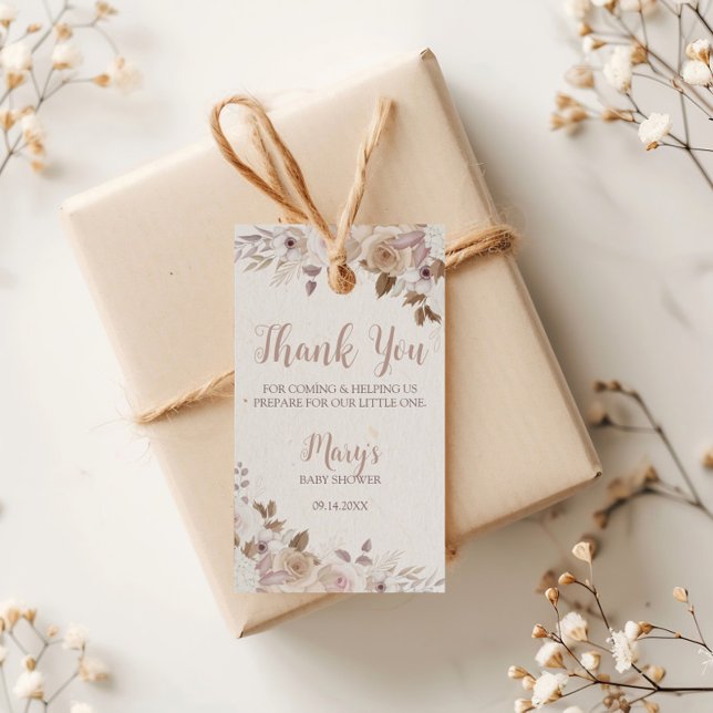 Étiquettes-cadeau Baby Shower Floral Brun Beige Bohème (Créateur téléchargé)