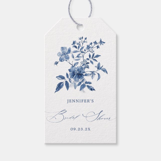 Étiquettes-cadeau Baby Shower Floral Chinoiserie Bleu pour une Marié (Devant)