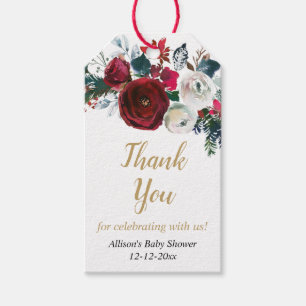 Étiquettes-cadeau baby shower floral de Noël à l'or de Bourgogne
