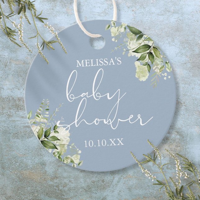 Étiquettes Cadeau Baby shower Floral Dusty Blue Boy (Greenery Floral Dusty Blue Boy Baby Shower Favor Tags)