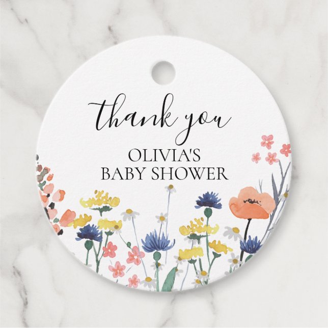 Étiquettes Cadeau baby shower floral fleur sauvage aquarelle merci (Devant)