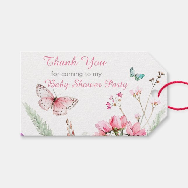Étiquettes-cadeau Baby shower floral papillon rose printanier (Devant (Horizontal))