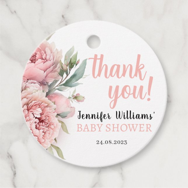 Étiquettes Cadeau Baby shower floral peonies fille marques de faveur (Devant)