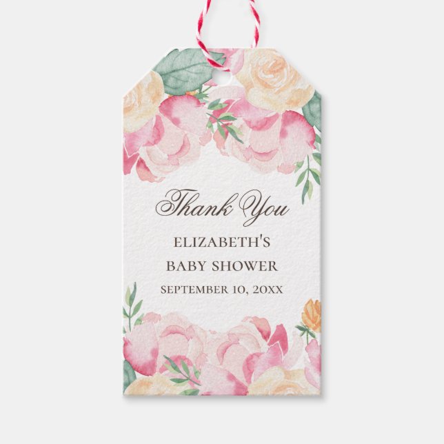 Étiquettes-cadeau Baby shower floral rose pâle et pêche merci (Devant)