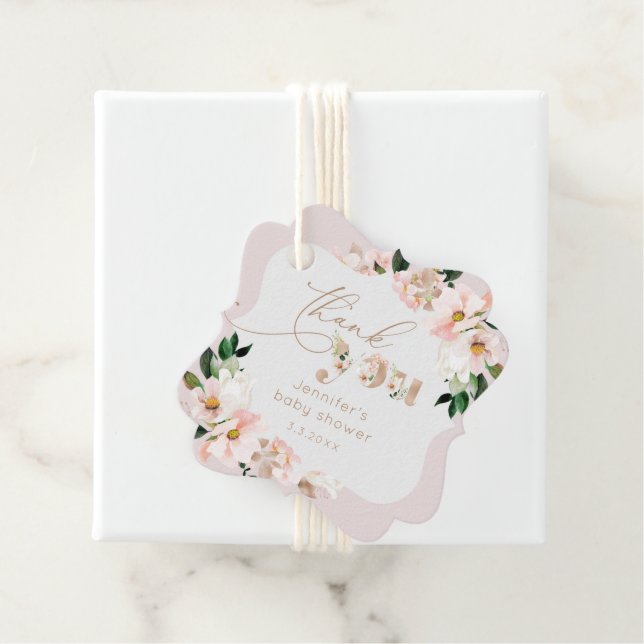 Étiquettes Cadeau Baby shower floral rose pâle merci (En situation)