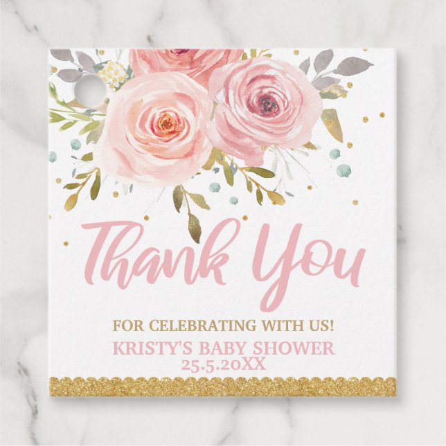 Étiquettes Cadeau Baby shower floral rose roux Merci d'anniversaire (Devant)