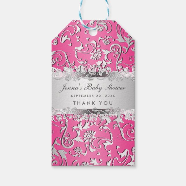 Étiquettes-cadeau Baby shower floral rose vif (Devant)