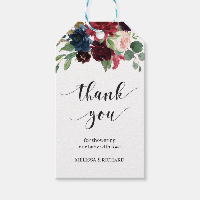 Étiquettes-cadeau Baby shower floral rose vif bordeaux d'hiver (Devant)