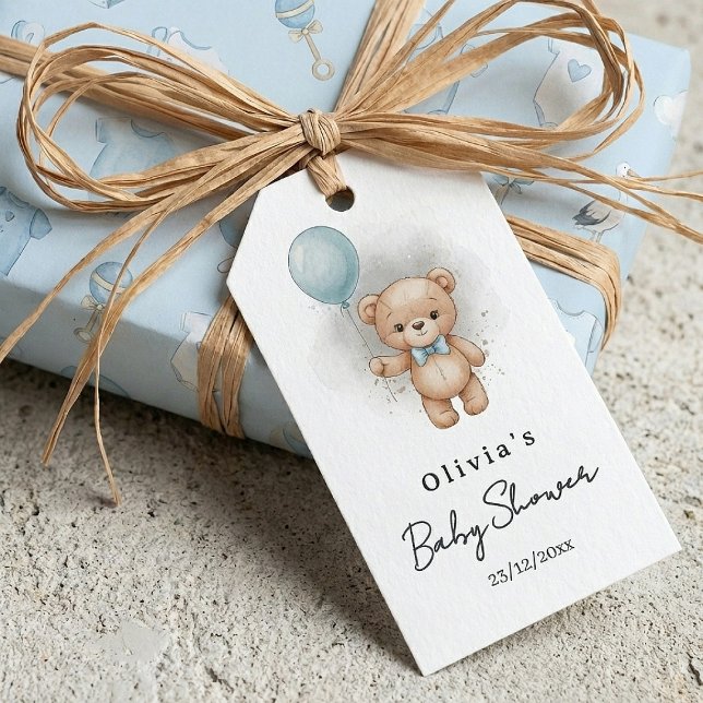 Étiquettes-cadeau Baby Shower for Boy Blue Balloon, Teddy Bear & Bow (Créateur téléchargé)