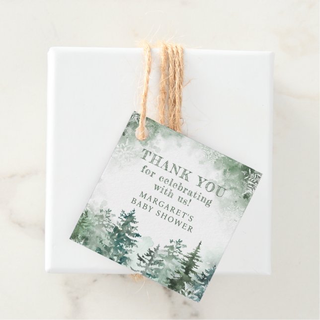 Étiquettes Cadeau baby shower forestier d'hiver Merci (En situation)