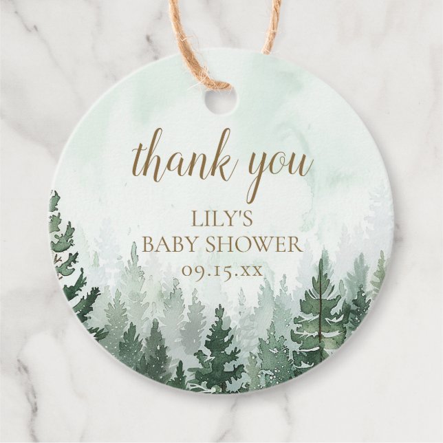 Étiquettes Cadeau Baby shower forestier rustique de pins (Devant)