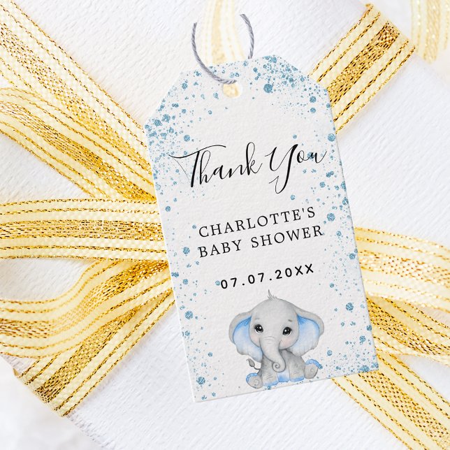 Étiquettes-cadeau Baby shower garçon bleu blanc éléphant merci (Créateur téléchargé)