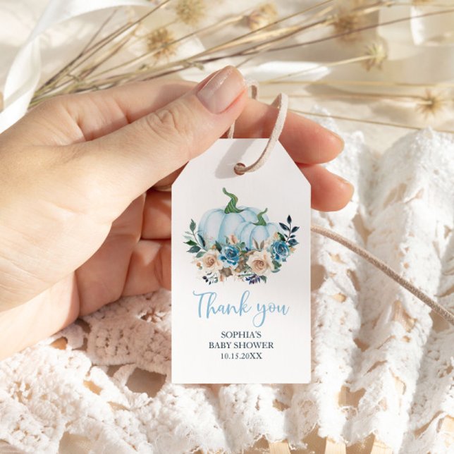 Étiquettes-cadeau Baby shower garçon Citrouille bleu automne (Créateur téléchargé)