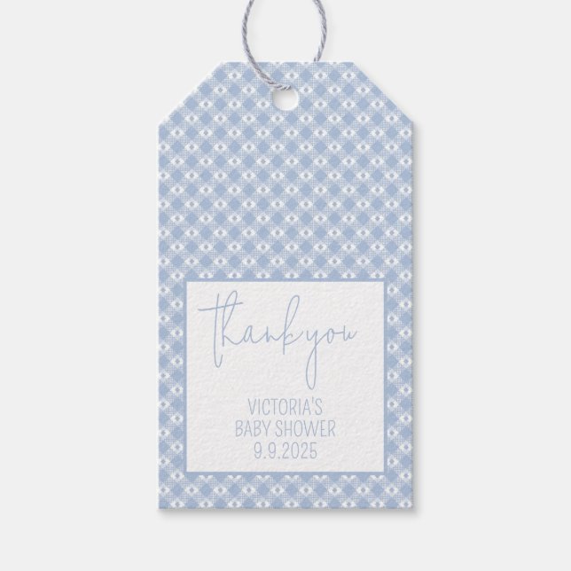 Étiquettes-cadeau Baby shower Gingham carreaux pastel bleu poussiére (Devant)