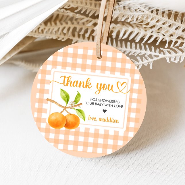 Étiquettes Cadeau Baby Shower Gingham Orange (Little Cutie Orange Baby Shower Favor Tags)