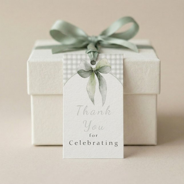 Étiquettes-cadeau Baby Shower Gingham Ruban Vert Sauge (Thank you Sage green bow gift tag)