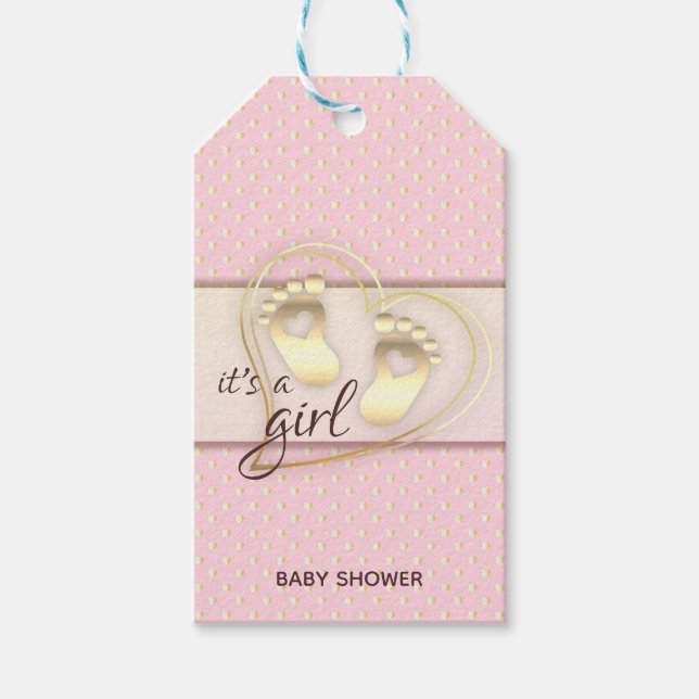 Étiquettes-cadeau Baby shower Golden Baby Girl Footprints and Hearts (Devant)