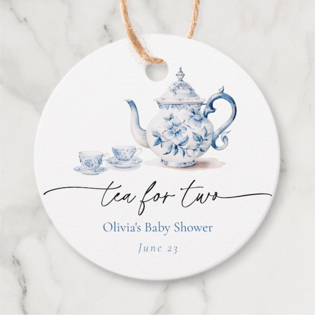 Étiquettes Cadeau Baby shower jumeau Blue Floral Tea Party (Devant)
