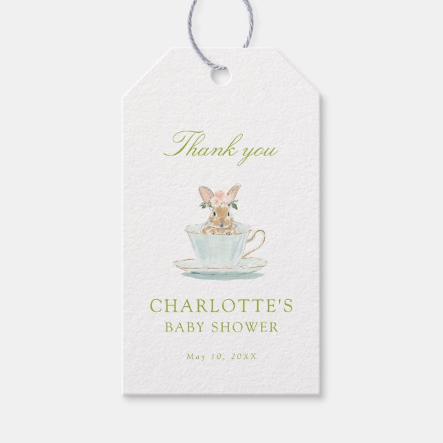 Étiquettes-cadeau Baby Shower Lapin de Printemps à la Tea Party (Devant)
