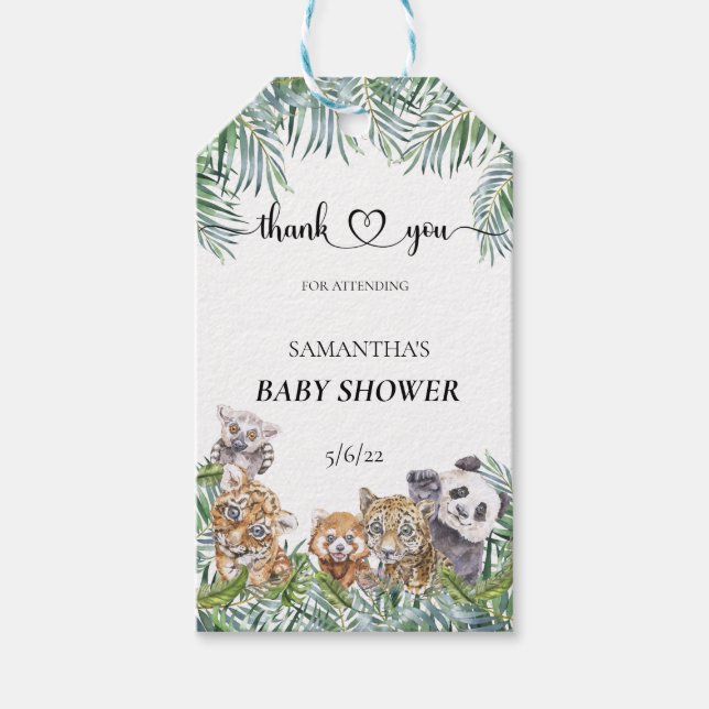 Étiquettes-cadeau Baby shower Les animaux de la jungle tropicale (Devant)