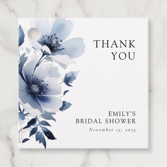 Étiquettes Cadeau Baby Shower Mariage Fleur Bleu Marine (Devant)