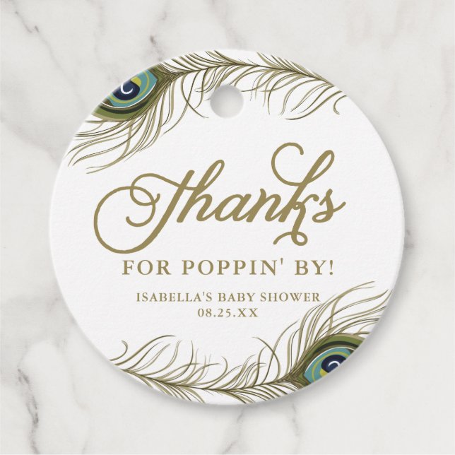 Étiquettes Cadeau Baby Shower Merci Champagne à Plume de Paon (Devant)