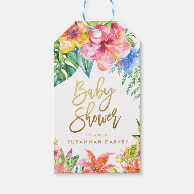 Étiquettes-cadeau Baby shower | Merci d'aquarelle tropicale (Devant)