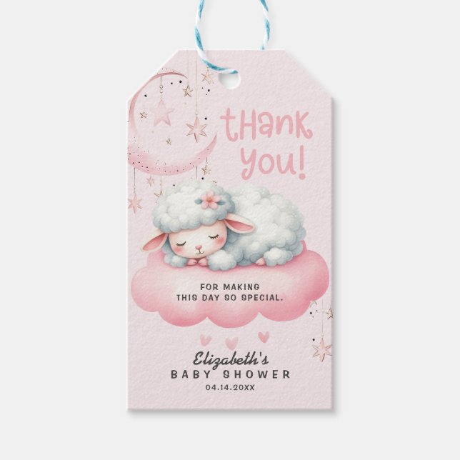 Étiquettes-cadeau Baby shower Merci de fille d'agneau rose (Devant)
