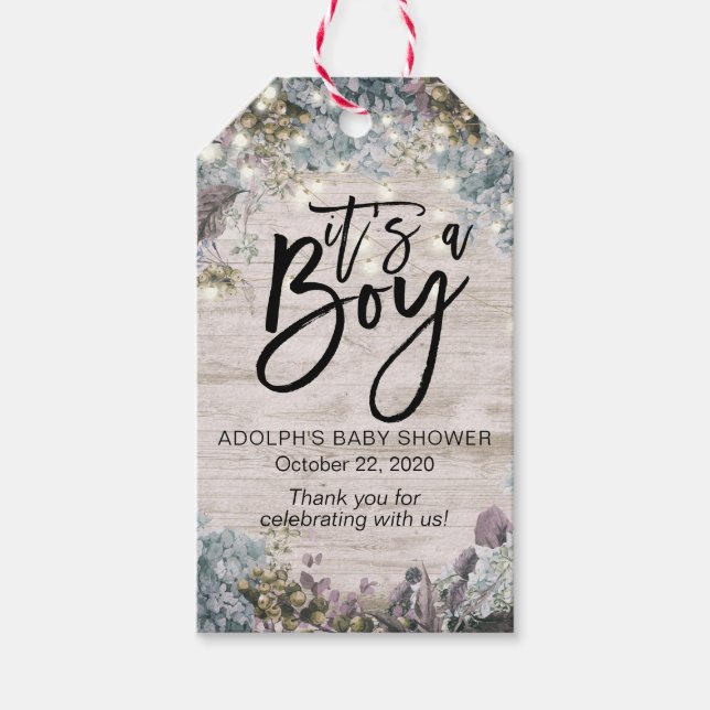 Étiquettes-cadeau Baby shower Merci Floral Chaîne Lumières Bois (Devant)