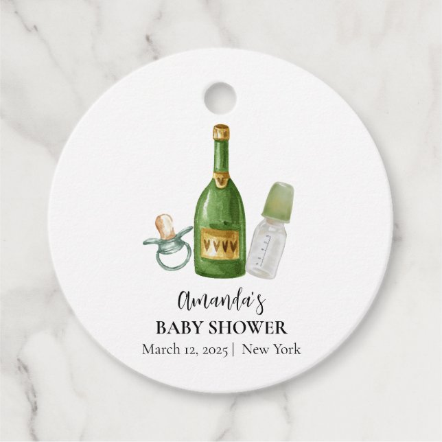 Étiquettes Cadeau Baby shower minimal vert Poppin Champagne bouteill (Devant)