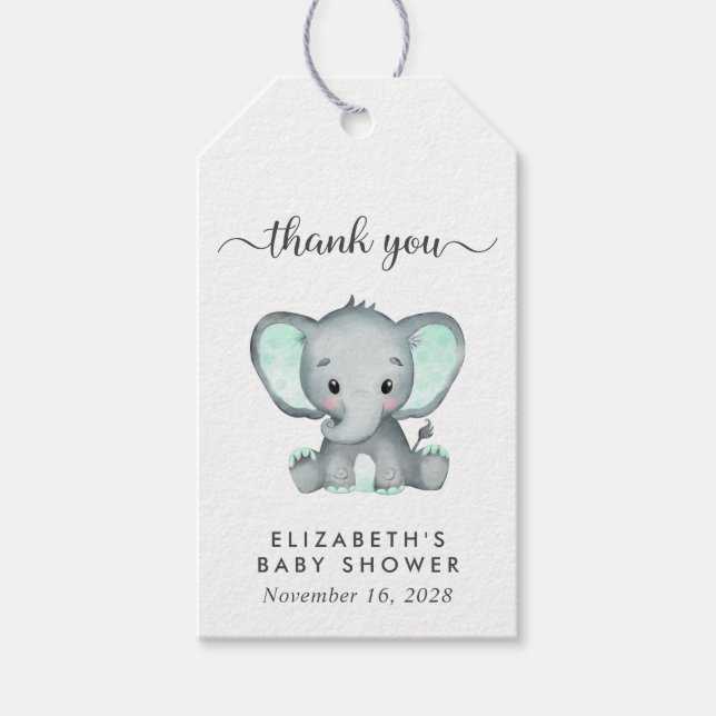 Étiquettes-cadeau Baby shower Mint Green Elephant Merci (Devant)