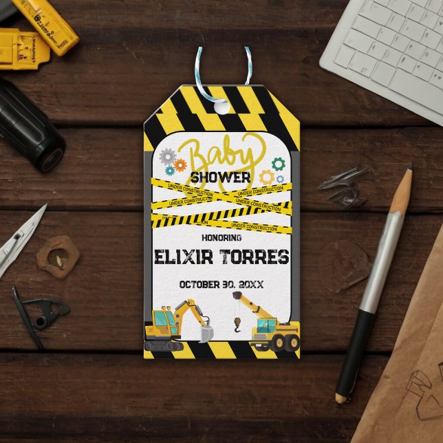 Étiquettes-cadeau Baby shower moderne en construction (Créateur téléchargé)