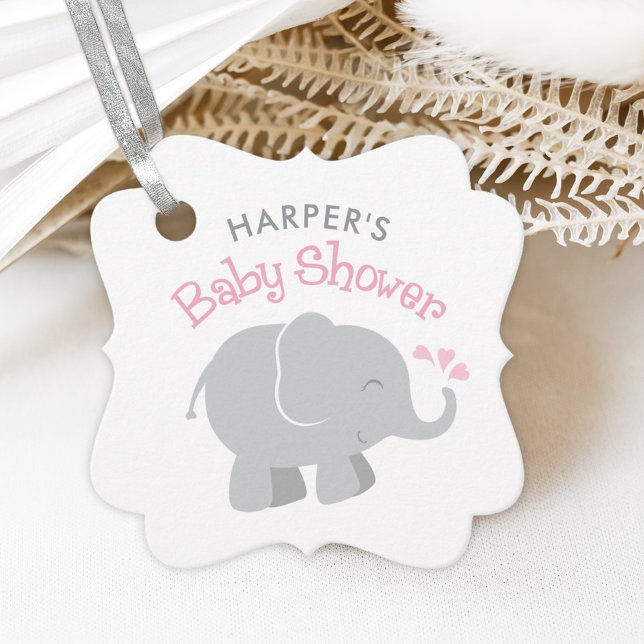 Étiquettes Cadeau Baby shower moderne rose et gris éléphant fille (Créateur téléchargé)