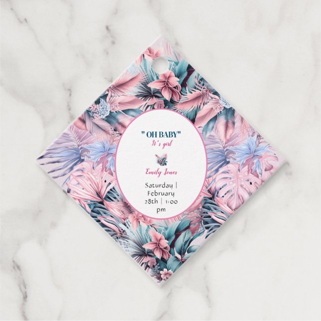 Étiquettes Cadeau Baby shower moderne tropical pastel rose bleu (Devant)