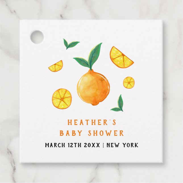 Étiquettes Cadeau Baby shower moderne Watercor Citrus Orange (Devant)