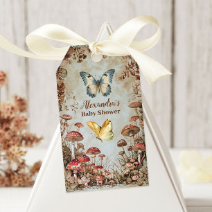 Étiquettes-cadeau Baby shower naturel des champignons papillons