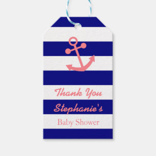 Étiquettes-cadeau Baby shower nautique bleu marine et rose vif