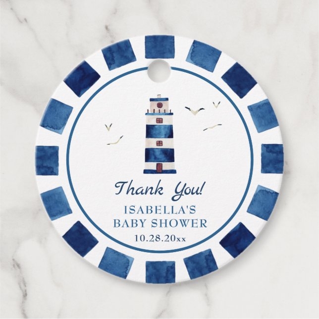 Étiquettes Cadeau Baby shower nautique du phare d'aquarelle (Devant)