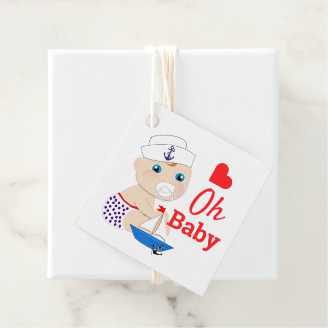 Étiquettes Cadeau Baby shower Nautique Garçons mignon marin Bleu (En situation)
